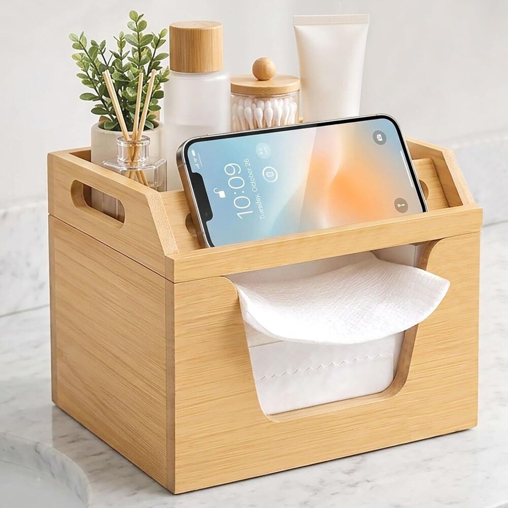 Bamboo Disposable Face Towel Holder 3-in-1 Facial Towel Organizer Phone Stand